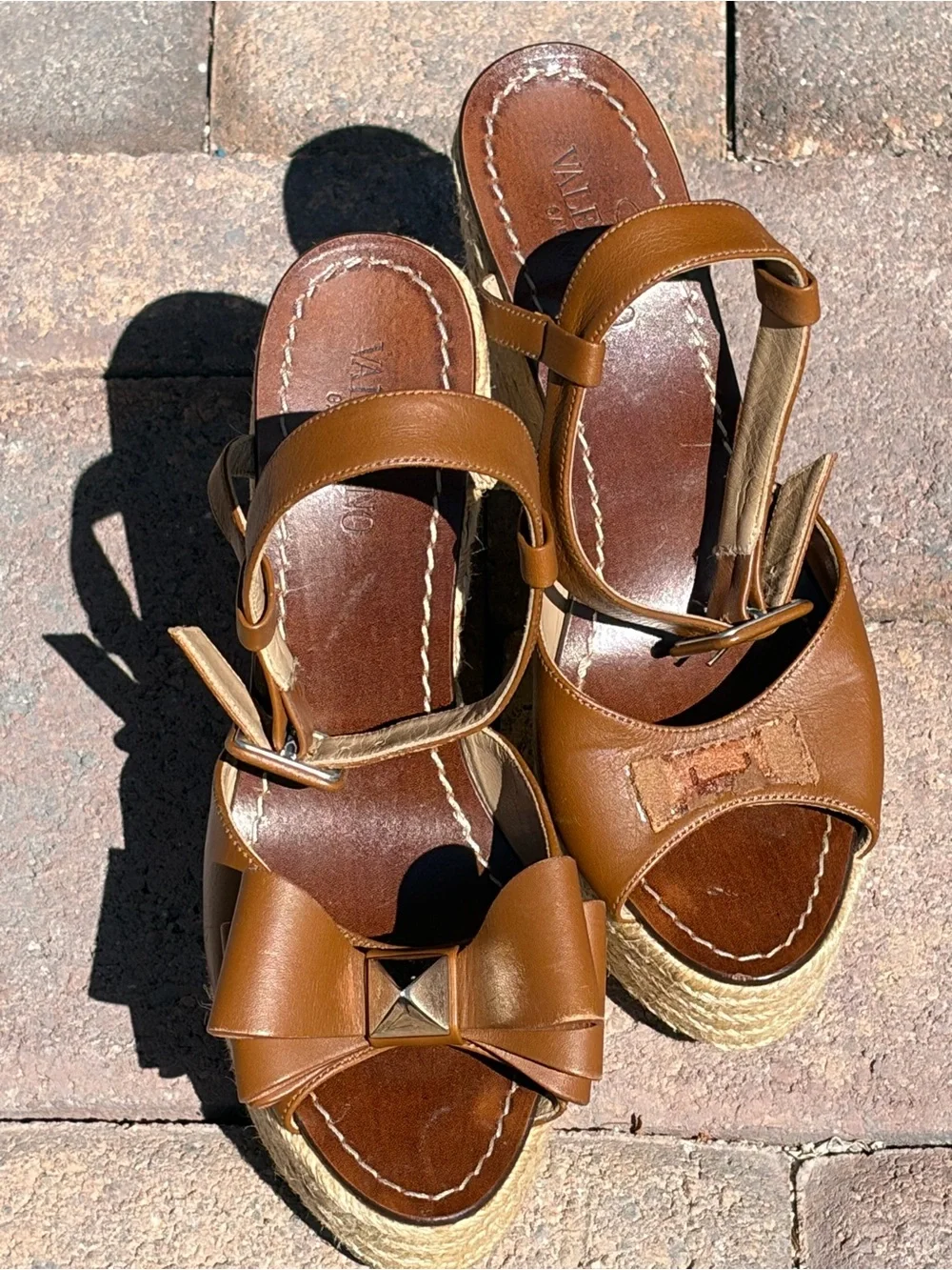 Valentino Brown Rockstud Leather Espadrille Wedge Sandals with Bow Accent